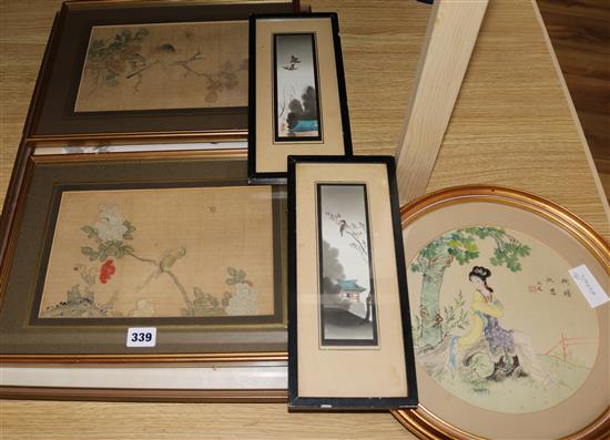 Four pairs of Japanese pictures depicting birds and Geisha, Largest 30 x 37cm